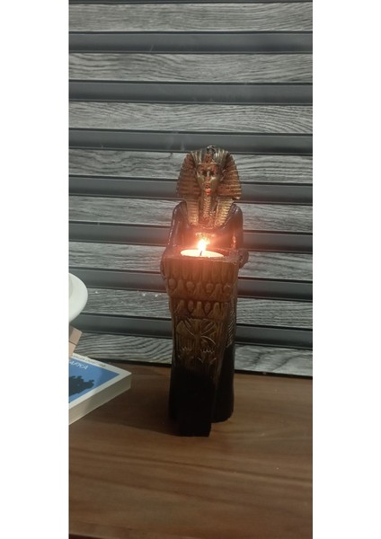 Şık Antik Mısır Tanrısı Biblo ve Mumluk, 25 Cm, Çap 9 Cm, Siyah