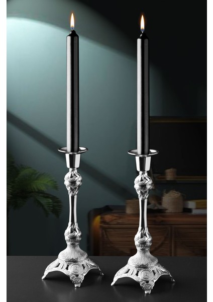 Şık 2'li Gümüş Dekoratif Şamdan ve Mumluk Seti, Zarif ve Modern Tasarım