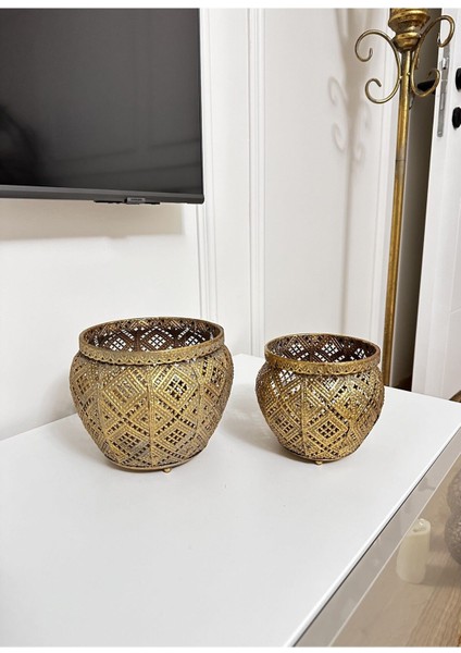 Şık Metal Dekoratif 2'li Mumluk Takımı, Eskitme Gold Sarı Detaylar