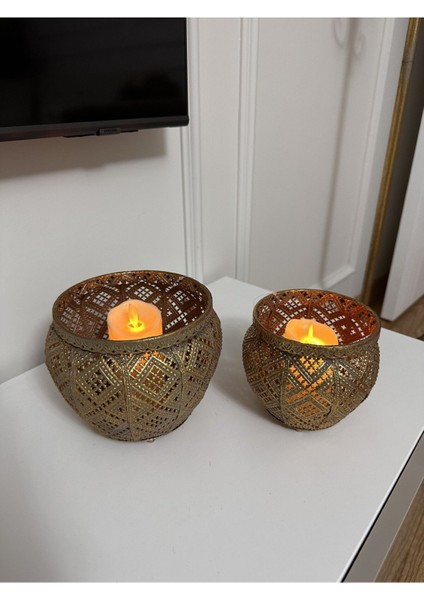 Şık Metal Dekoratif 2'li Mumluk Takımı, Eskitme Gold Sarı Detaylar fiyatları