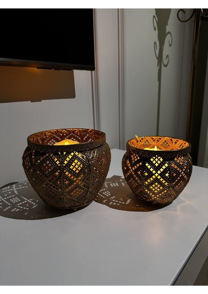 Şık Metal Dekoratif 2'li Mumluk Takımı, Eskitme Gold Sarı Detaylar modelleri