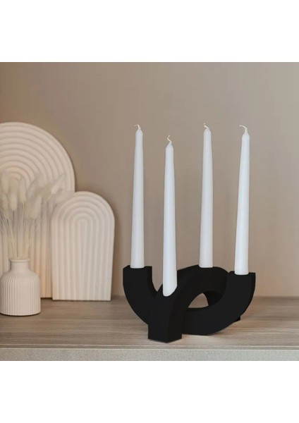 Iki Adet Şamdan Mumluk, Modern U Şekli, Şık Beton Tasarım, Siyah Renkli.