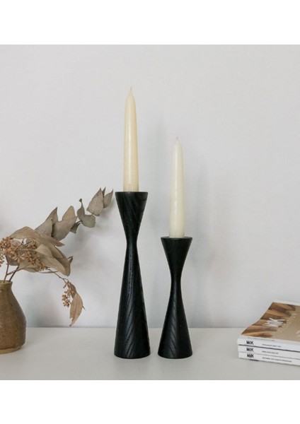 Modern Ahşap Siyah Şamdan Seti, 15CM ve 20CM, Şık ve Dekoratif Mumlukler