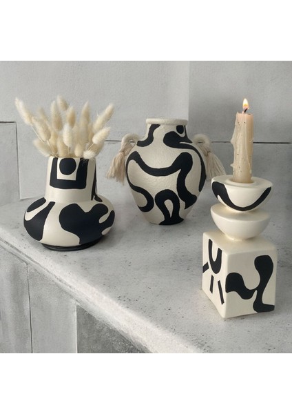 Krem Siyah Etnik Desenli Kulplu Vazo ve Şamdan Seti, Şıklık ve Zarafet Sunar fırsatları