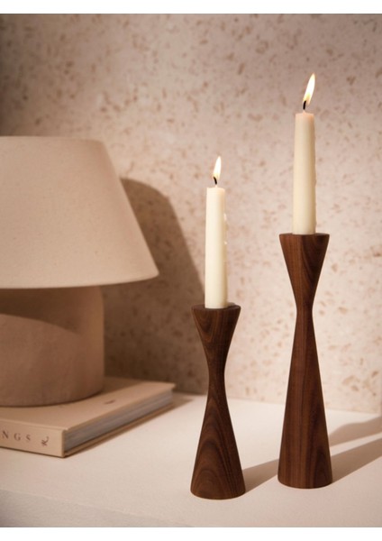 Ceviz Ahşap 2'li Şamdan Seti, Şık ve Minimalist Dekoratif Mumlukler