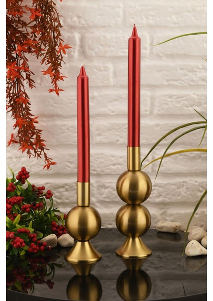 2'li Şamdan Seti Orta-Küçük Eskitme Renkli Metal Mumluk Takımı