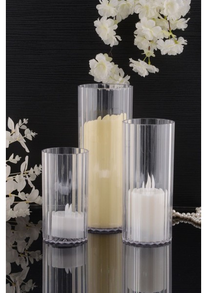 Şeffaf 3'lü Silindir Mumluk, Vazo ve Dekoratif Şamdan Seti