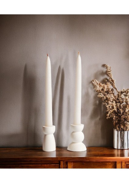 Iki Parça Beton Mumluk ve Mum Seti, Beyaz, Şık ve Modern Dekorasyon Için