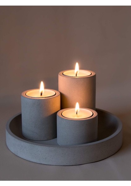 Gri Beton Tepsili Şık Mumluk Seti, Dekoratif ve Şık Tasarım, Hediye Seçenekleri