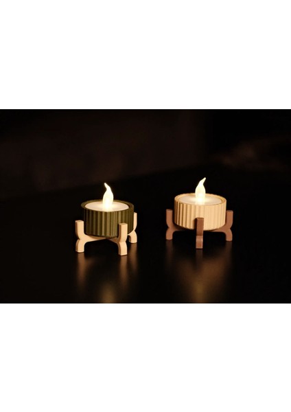Mini Ayaklı Dekoratif LED Mumluk Seti, Bej ve Koyu Yeşil, Pil ile Çalışır.