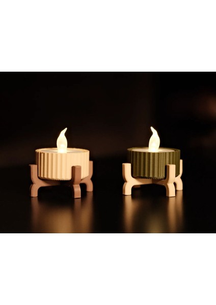Mini Ayaklı Dekoratif LED Mumluk Seti, Bej ve Koyu Yeşil, Pil ile Çalışır. fiyatları