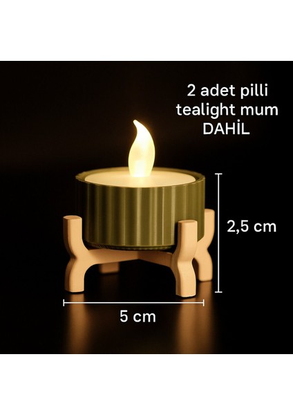 Mini Ayaklı Dekoratif LED Mumluk Seti, Bej ve Koyu Yeşil, Pil ile Çalışır. modelleri