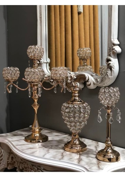 Şık 5'li Kristal Taşlı Dekoratif Şamdan Seti
