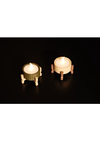 Mini Ayaklı Dekoratif LED Mumluk Seti, Bej ve Koyu Yeşil, Pil ile Çalışır. fırsatları