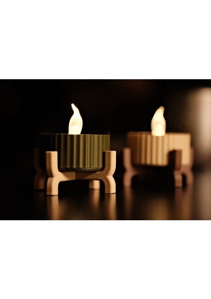 Mini Ayaklı Dekoratif LED Mumluk Seti, Bej ve Koyu Yeşil, Pil ile Çalışır. indirimleri