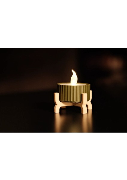Mini Ayaklı Dekoratif LED Mumluk Seti, Bej ve Koyu Yeşil, Pil ile Çalışır.