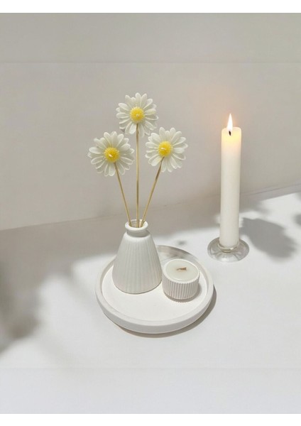 Beyaz Dekoratif 3'lü Vazo Seti, Mumluk ve Tabak, Şık ve Zarif Tasarım