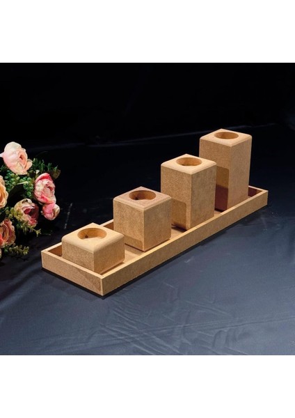 Doğal Ahşap Kare Mumluk Seti, El Işi Boyama Için Uygun, 4'lü Paket