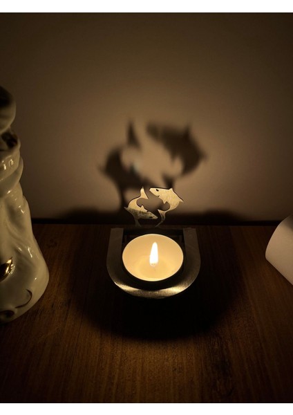 Balık Burcu Katlanabilir Metal Mumluk, Silüet Detaylı, Gri Renkli Şık Dekorasyon Parçası