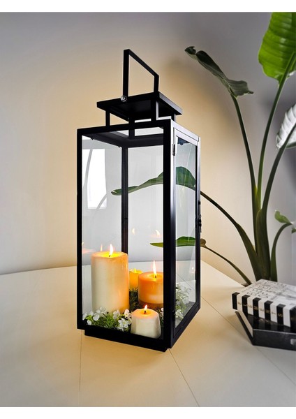 Büyük Boy Metal Mumluk Fener, Şık Siyah Tasarım ve Dayanıklı Malzeme indirimleri