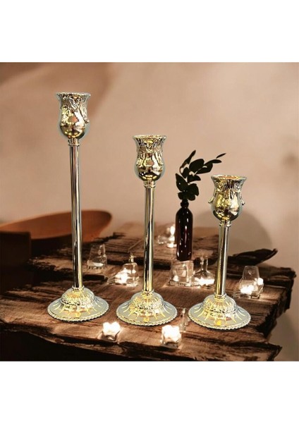 3'lü Gold Şamdan Mumluk Seti, Modern ve Şık Ev Dekorasyonu Için Ideal