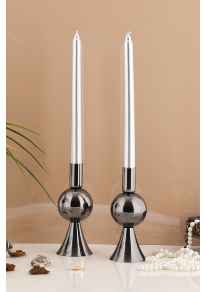 Küçük Platin Renk Metal Şamdan Seti, 2'li Dekoratif Mumluk