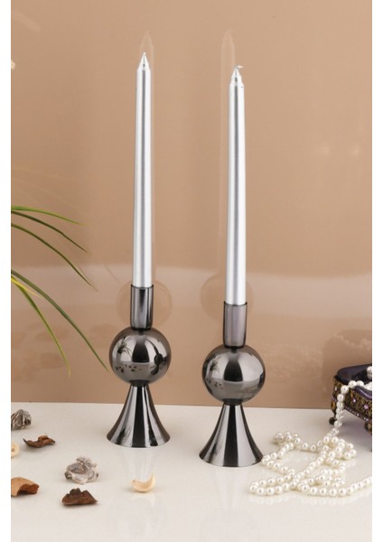 Küçük Platin Renk Metal Şamdan Seti, 2'li Dekoratif Mumluk modelleri