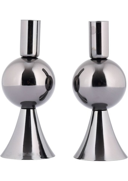 Küçük Platin Renk Metal Şamdan Seti, 2'li Dekoratif Mumluk