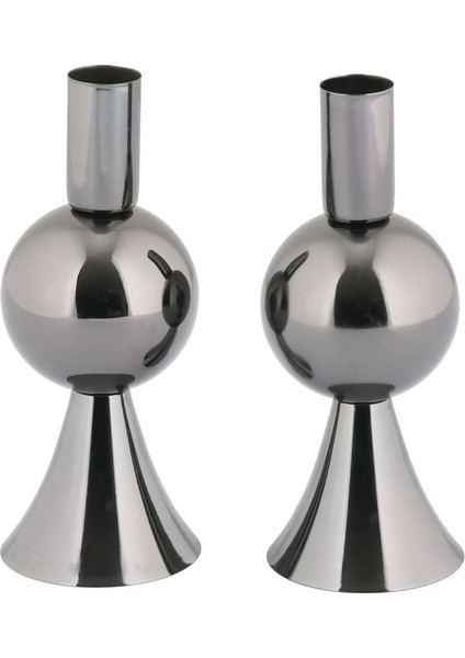 Küçük Platin Renk Metal Şamdan Seti, 2'li Dekoratif Mumluk