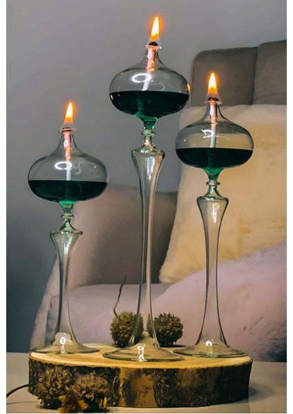 Yeşil Elips Cam Kandil 3'lü Set, Şık ve Zarif Aydınlatma Tercihi