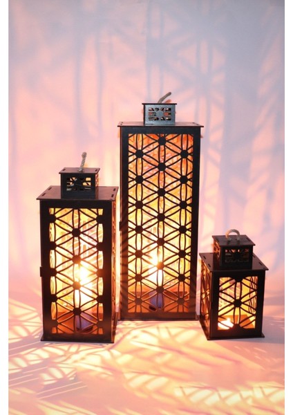 Ahşap 3'lü Siyah Fener Mumluk Seti, Şık ve Doğal Dekorasyon Için Ideal