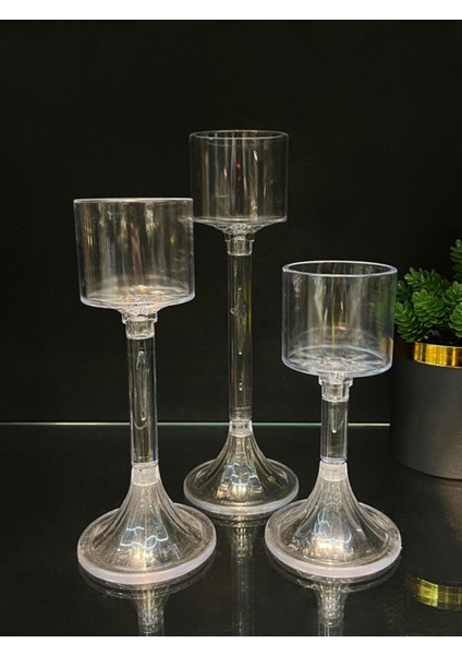 Şeffaf 3'lü Pleksi Kadeh, Şamdan ve Mumluk Seti