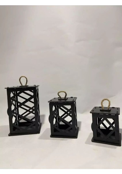 3'lü Ahşap Dekoratif Mini Fener Seti, Siyah, Şık ve Zarif Dekorasyon</text>