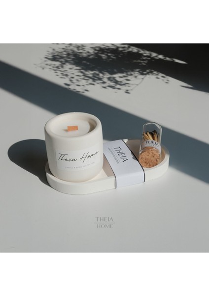 Beyaz Beton Saksılı, Vegan Soya Mumlu, Oval Tabak ve Kibrit Seti fiyatları