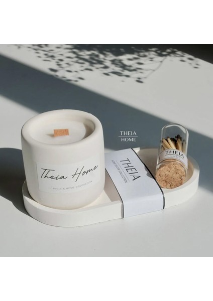 Beyaz Beton Saksılı, Vegan Soya Mumlu, Oval Tabak ve Kibrit Seti modelleri