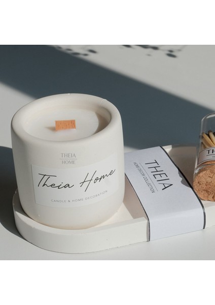 Beyaz Beton Saksılı, Vegan Soya Mumlu, Oval Tabak ve Kibrit Seti