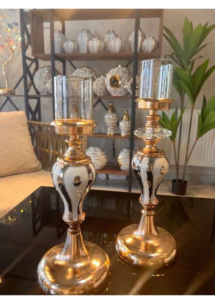 2'li Ayaklı Şamdan Seti, Metalik Tasarım, Şık ve Modern Dekoratif Aksesuar