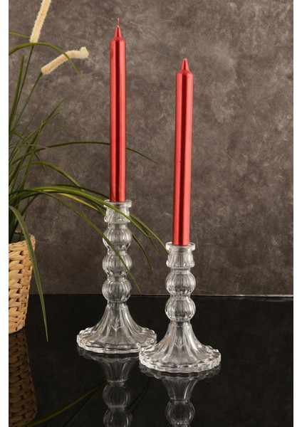 Iki Parça Cam Şamdan Seti, Dekoratif ve Kristal Görünümlü Mumlukler
