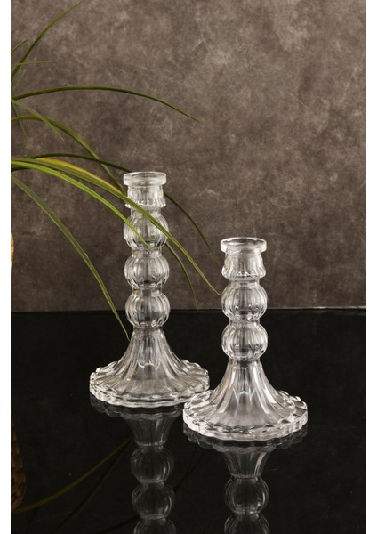 Iki Parça Cam Şamdan Seti, Dekoratif ve Kristal Görünümlü Mumlukler