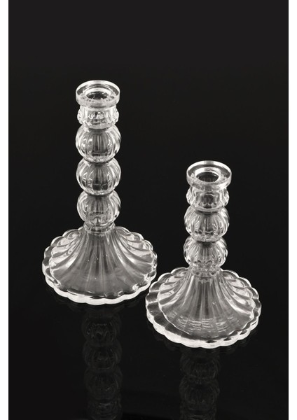 Iki Parça Cam Şamdan Seti, Dekoratif ve Kristal Görünümlü Mumlukler