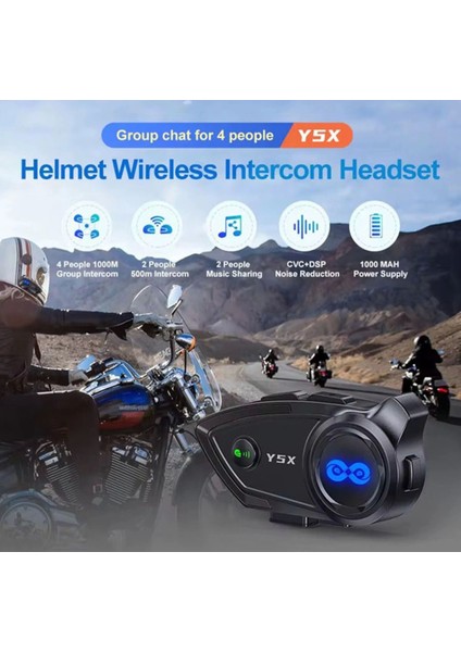 Y5X Rgb Işıklı Intercom 5 Kişi Bağlantılı 1000MAH Motosiklet Blue