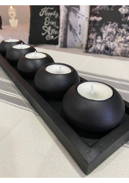 El Yapımı 5'li Beton Mumluk Seti, Dekoratif Obje ve Biblo, Siyah Renk