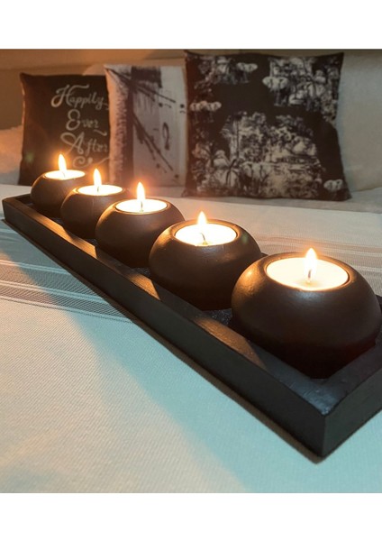 El Yapımı 5'li Beton Mumluk Seti, Dekoratif Obje ve Biblo, Siyah Renk