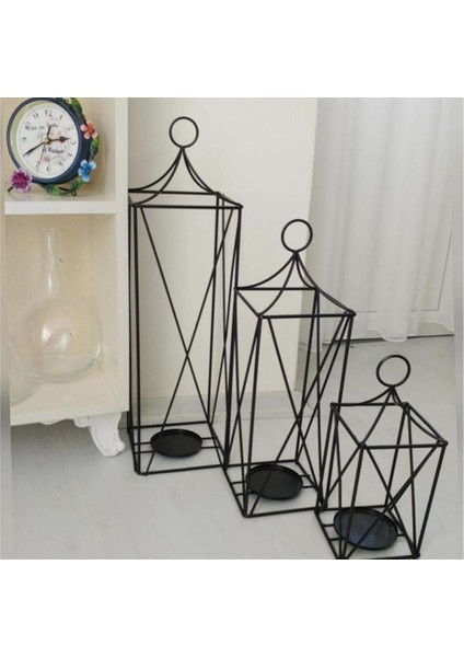3'lü Ferforje Dekoratif Mumluk Kafes Fener Takımı, Siyah