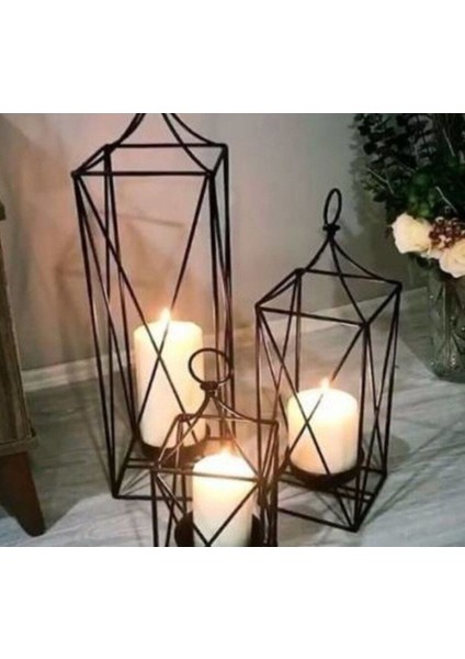 3'lü Ferforje Dekoratif Mumluk Kafes Fener Takımı, Siyah fiyatları
