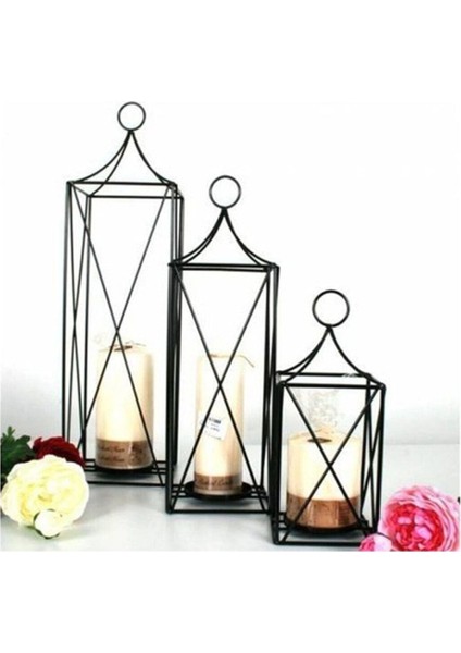3'lü Ferforje Dekoratif Mumluk Kafes Fener Takımı, Siyah modelleri