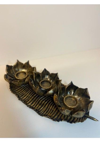 Şık Lotus Üçlü Mumluk Takımı, Gold ve Siyah Eskitme Detaylar