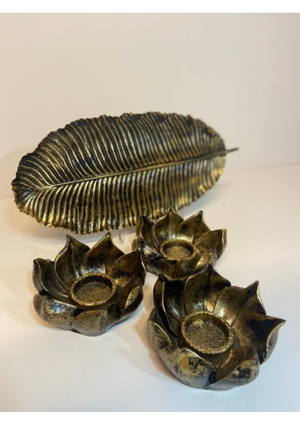 Şık Lotus Üçlü Mumluk Takımı, Gold ve Siyah Eskitme Detaylar fiyatları