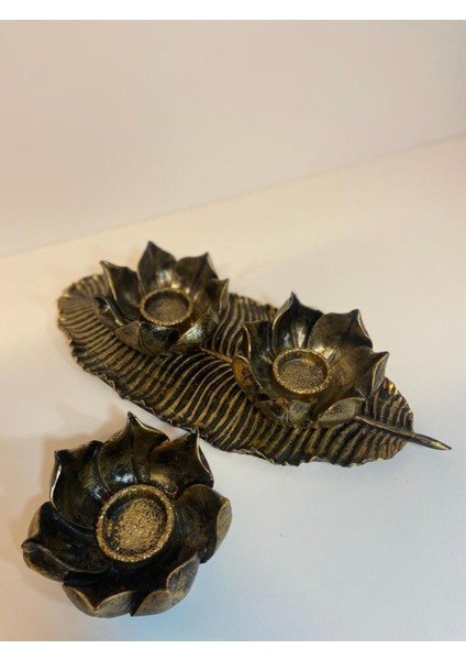 Şık Lotus Üçlü Mumluk Takımı, Gold ve Siyah Eskitme Detaylar modelleri