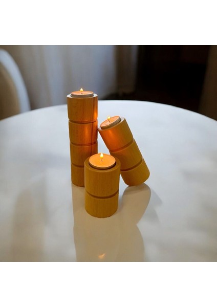 Doğal Gürgen Ağacı Dekoratif Ahşap Silindir Mumluk Seti, Şık ve Zarif Tasarım